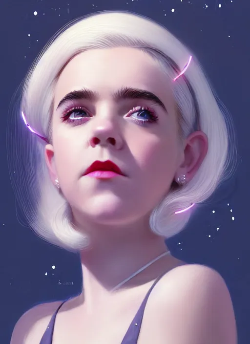 Image similar to portrait of kiernan shipka as sabrina spellman, white hair, 1 9 6 0 s bob hairstyle, hairband, intricate, elegant, glowing lights, highly detailed, digital painting, artstation, concept art, smooth, sharp focus, illustration, art by wlop, mars ravelo and greg rutkowski