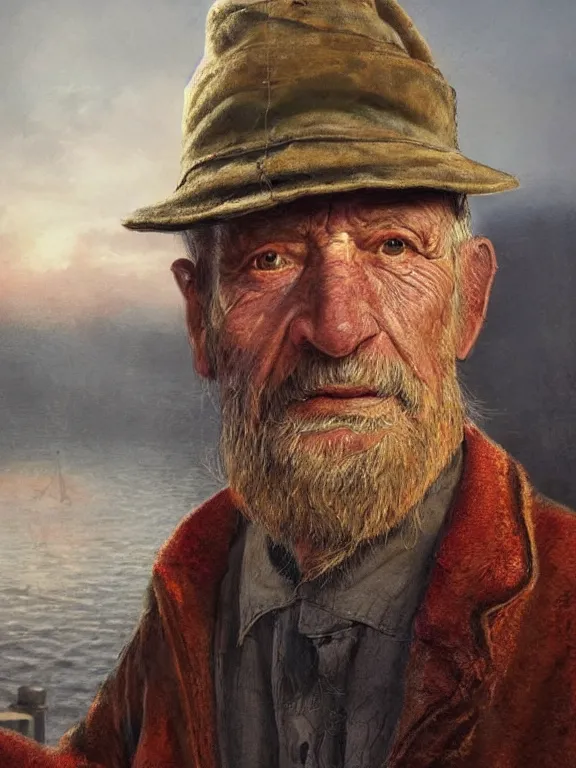 Image similar to realistic renderings portrait of very old fisher man portrait with a hat, wearing a fisher 🧥, coloured wears, ( ( ( ( ( a bird in the sky ) ) ) ) ) port scene background, astonishing scenes, detailed, photorealism, volumetric lighting, autumn lights colors, ultra detailed