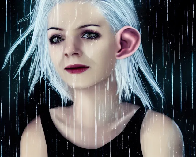 Prompt: closeup headshot of a white haired elf smiling in the rain, bladerunner, backlit, night club, futurepunk, gta v, pinup, nagel, arney freytag, dark moody, cinematic, greg rutkowski, octane!