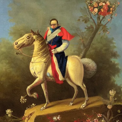 Prompt: a squirrel carrying napoleon bonaparte on its back, beach scene with flowers and foliage, detailed oil painting