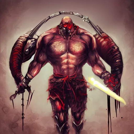 Image similar to mutant man with sword, fantasy boss, dramatic illustration, muscular character, a lot of blood, huge horns, digital art, artstation