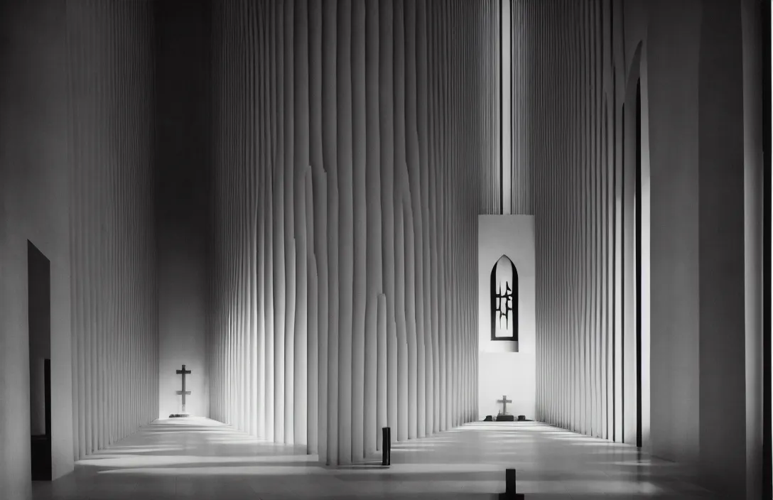 Image similar to in this church interior, vertical lines suggest spirituality, rising beyond human reach toward the heavens. directed by kurosawa fusing a dream world of imagination with closely observed reality intact flawless ambrotype from 4 k criterion collection remastered cinematography gory horror film, ominous lighting, evil theme wow photo realistic postprocessing suffolk landscape building by mies van der rohe