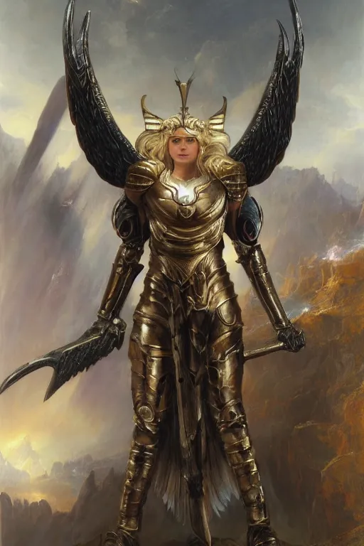 Image similar to a beautiful valkyrie , half body portrait, blond hair, heavy gold armour, realistic oil painting by Thomas Cole and Wayne Barlowe and Boris Valejo