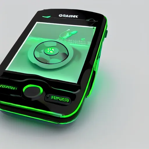 Prompt: an ultra high definition cycles 3D render of a floating chunky green transparent plastic mobile phone modelled after a walkie-talkie at an angle with an e-ink screen inspired by a g-shock watch. Emissive screen and indicator lights, bloom, volumetric shadows