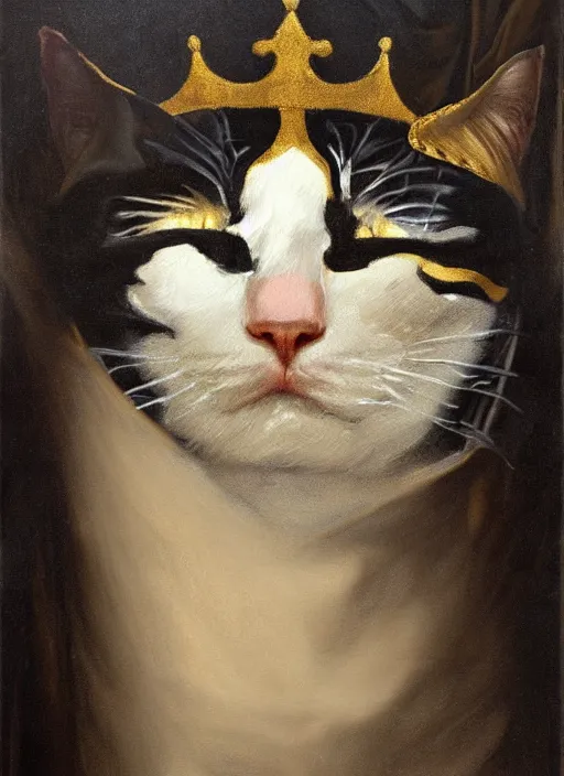 Prompt: highly detailed oil painting | very intricate | cinematic lighting | black, white and gold color scheme, dark background | a humanoid cat king with a crown | by roberto ferri, by gustav moreau, by singer sargent and klimt, american romanticism, occult art | by austin osman spare, artstation, cgsociety, official art, octane
