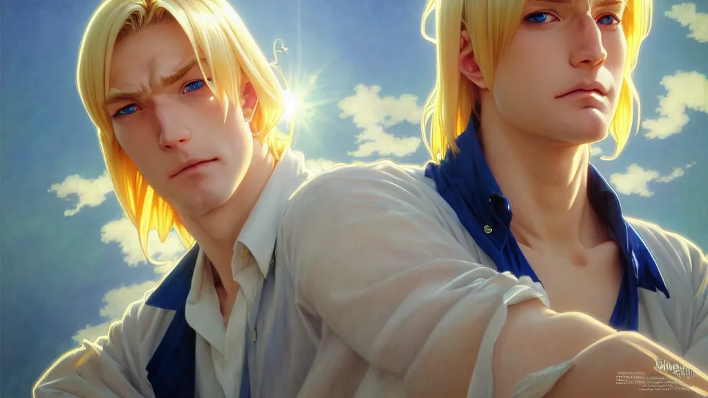 Prompt: highly detailed vfx portrait of a blond centre parting pretty boy with blue eyes by eiichiro oda, makoto shinkai, alphonse mucha, sakimichan, sharp focus, art by artgerm and greg rutkowski!, backlit, harsh overhead sunlight,