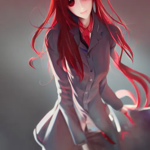 Image similar to kurisu makise, elegant, ultra highly detailed, digital painting, smooth, sharp focus, artstation, top-down shot, red background, art by Ina Wong