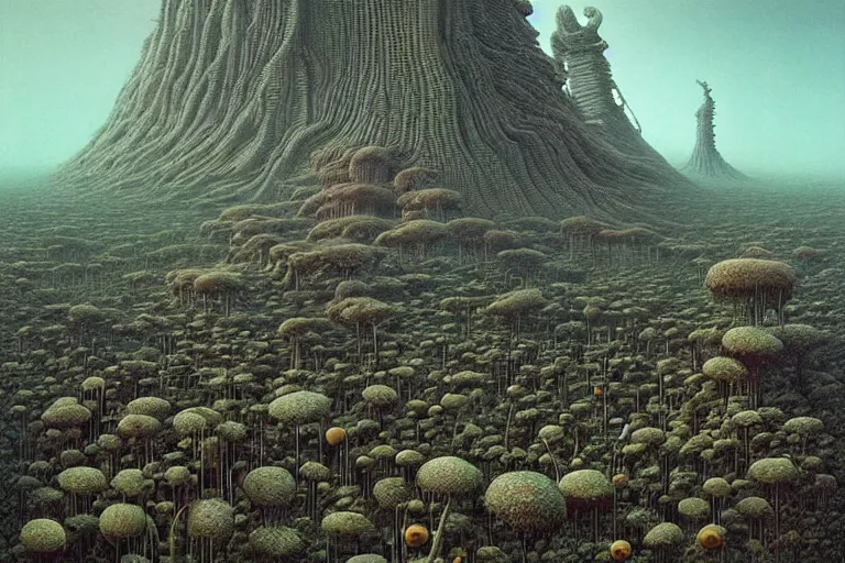 Image similar to a surreal and awe - inspiring science fiction landscape, alien plants and animals, intricate, elegant, highly detailed matte painting by beksinski and simon stalenhag