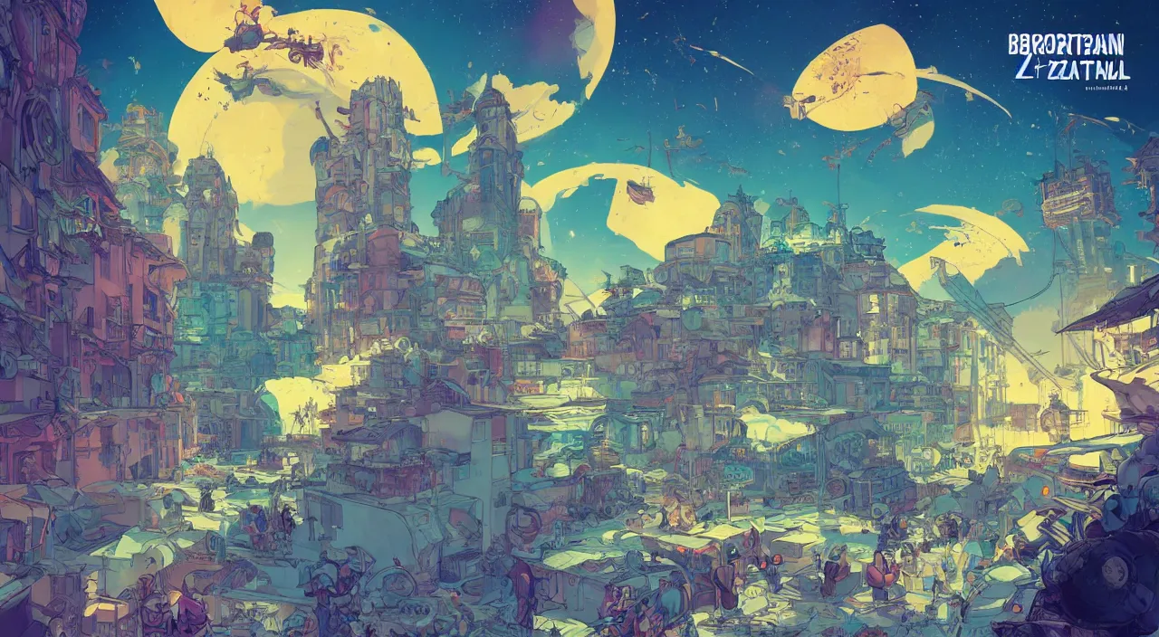 Image similar to bazaar zouk oriantal full color sky shine place mosquet painting stylized cutout vector digital illustration video game icon global illumination ray tracing in borderlands by victo ngai, andreas rocha, john harris and feng zhu and loish and laurie greasley
