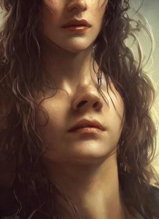 Image similar to realistic lighting, close up portrait of a ruggedly handsome female witch, soft hair, half body, leather, d & d, fantasy, intricate, elegant, highly detailed, digital painting, artstation, concept art, smooth, sharp focus, illustration, art by artgerm and greg rutkowski and alphonse mucha