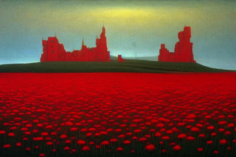 Prompt: only with red, red flowers of different types, a castle in the background, red giants rest over the flowers, in the style of beksinski, part by hopper, part by rodcenko, part by hofbauer, intricate composition, red by caravaggio, insanely quality, highly detailed, masterpiece, red light, artstation, 8 k