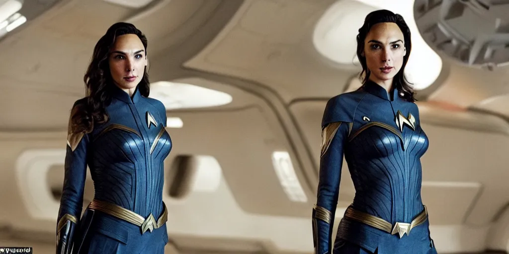 Image similar to Gal Gadot, in full starfleet uniform, is the captain of the starship Enterprise in the new Star Trek movie