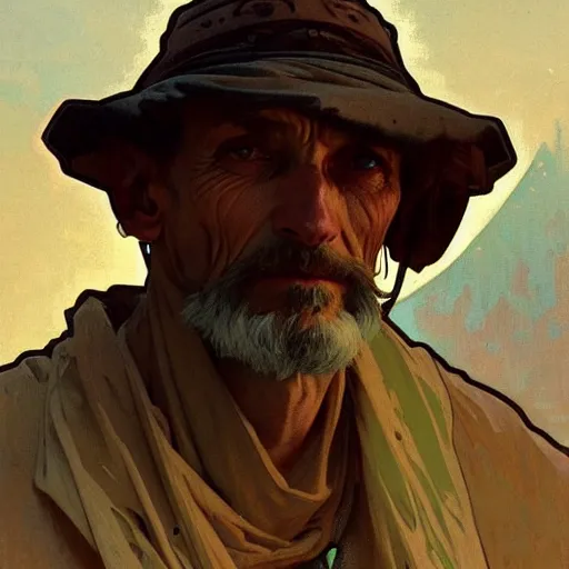 Image similar to portrait of an old vicotrian man by alphonse mucha, simon stalenhag and darek zabrocki, cinematic and atmospheric, concept art, artstation, trending on artstation