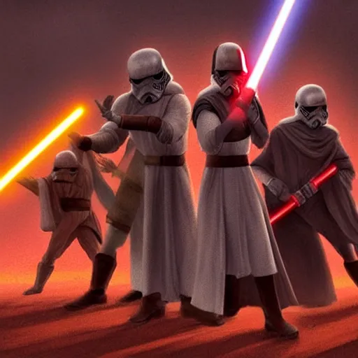 Prompt: Jedis executing a row of innocent citizens of the Empire, digital art, star wars,