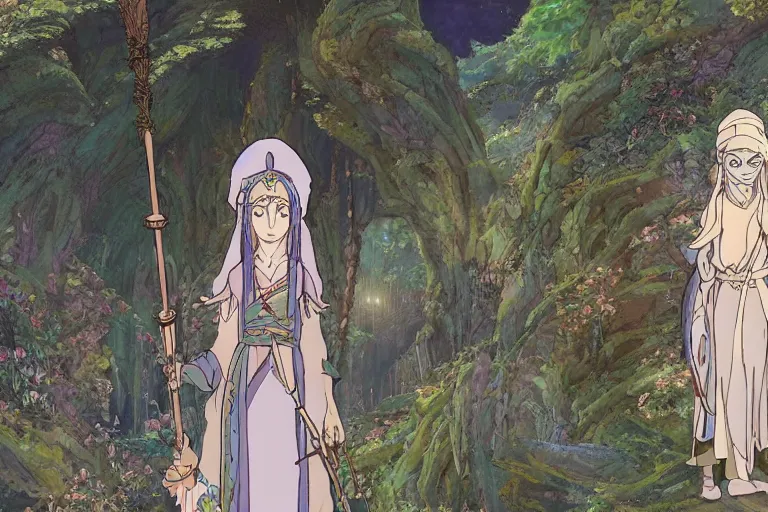 Image similar to tonemapped elven priestess by studio ghibli, highly detailed,