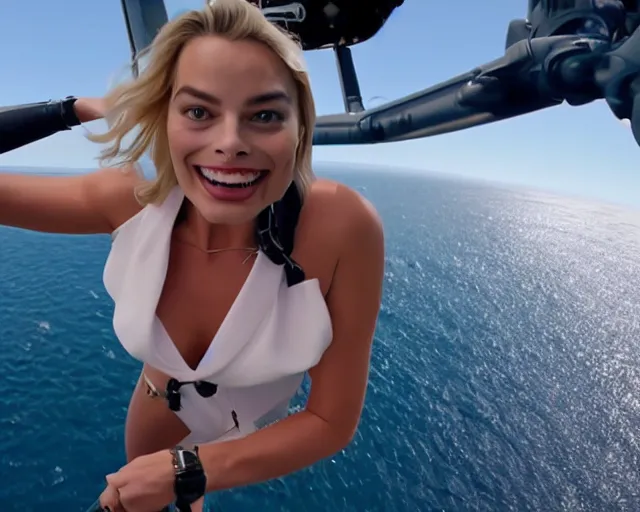 Prompt: margot robbie jumping off a helicopter, in mid air, hyper realistic faces, beautiful eyes, cinematic, long shot, hyper detailed, 8 5 mm photograph, 8 k resolution, film still, sharp lens, wide lens