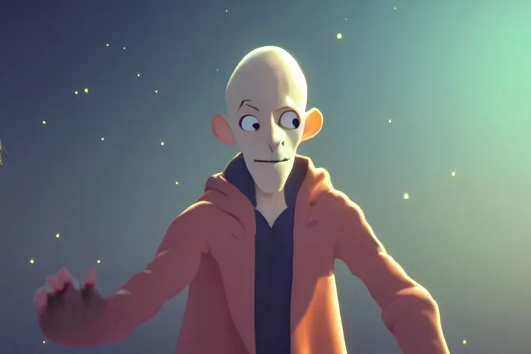 Image similar to a wholesome animation key shot of!! one!! focused!! popstar nosferatu!! singing at a concert!! wearing golden chain!!, medium shot, studio ghibli, ( pixar ) and disney animation, sharp, very detailed, high resolution, rendered in unreal engine 5, anime key art by greg rutkowski, bloom, dramatic lighting