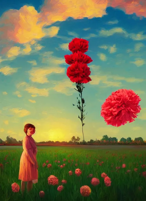 Image similar to portrait of a woman with a giant carnation as a face, flower field, surreal photography, sunset dramatic light, impressionist painting, colorful clouds, blue sky, digital painting, artstation, simon stalenhag