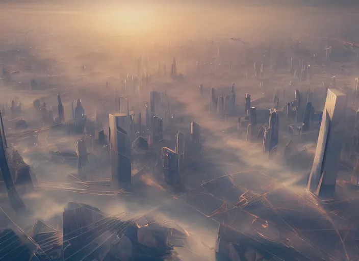 Prompt: painting of a tall futuristic city from above the clouds, intricate abstract. delicate artwork. by Tooth Wu, wlop, beeple, dan mumford. octane render, trending on artstation, greg rutkowski very coherent symmetrical artwork. cinematic, hyper realism, high detail, octane render, 8k, depth of field, bokeh. chrome accents.