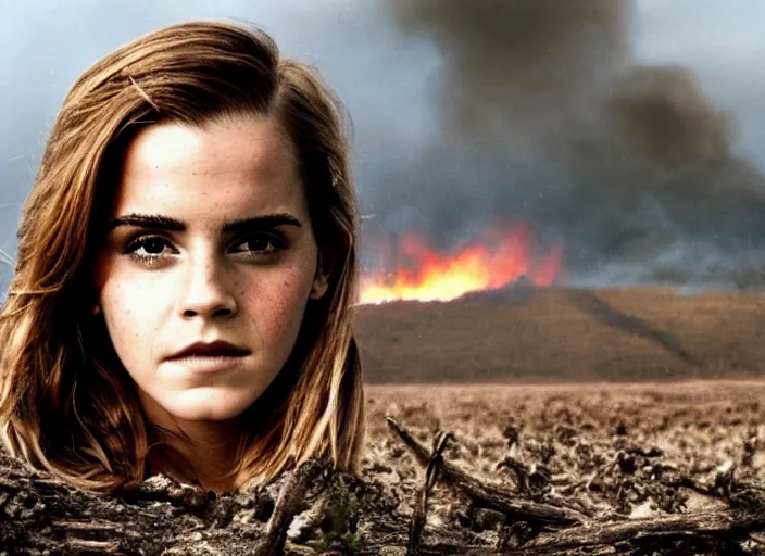 Image similar to emma watson portrait, battle of khe sanh, landscape background burned trees,