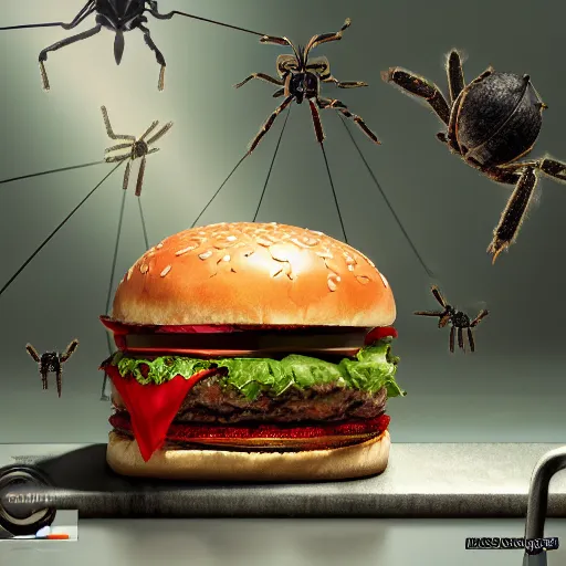 Image similar to an hamburger filled with a giant spider anf other insects. concept art illustration, hyperrealistic, color page, 4 k, tone mapping, doll, akihiko yoshida, james jean, andrei riabovitchev, marc simonetti, yoshitaka amano, digital illustration, greg rutowski, volumetric lighting, sunbeams, particles