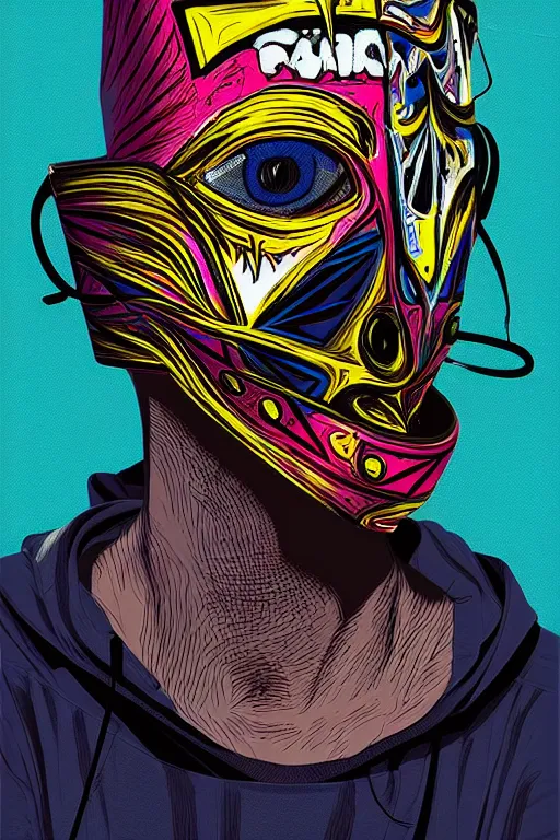 Image similar to random skateboarder with scary mask, pop art, aesthetic art, 8 k, asymmetrical, high details, digital painting, concept art, smooth, sharp focus, illustration, intricate, art by arstation and mimmo rottela, pixels art by paul robertson