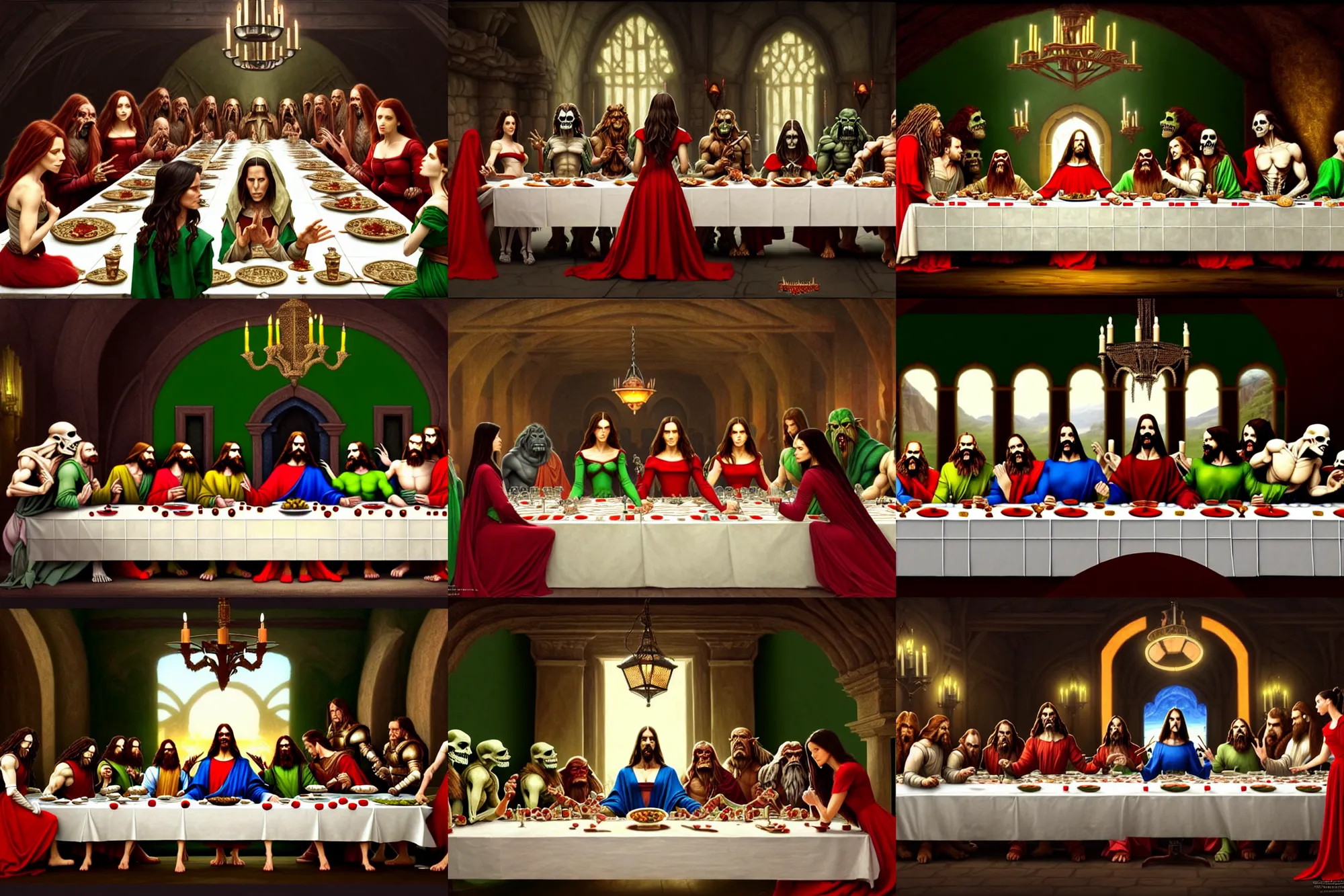 Prompt: film still dnd symmetric last supper, kate beckinsale red dress at center, dwarfs brown, orcs green, skeletons white, 8 k, deep focus, fantasy, intricate, elegant, highly detailed, digital painting, artstation, concept art, matte, sharp focus, illustration, hearthstone, art by artgerm and greg rutkowski and alphonse mucha