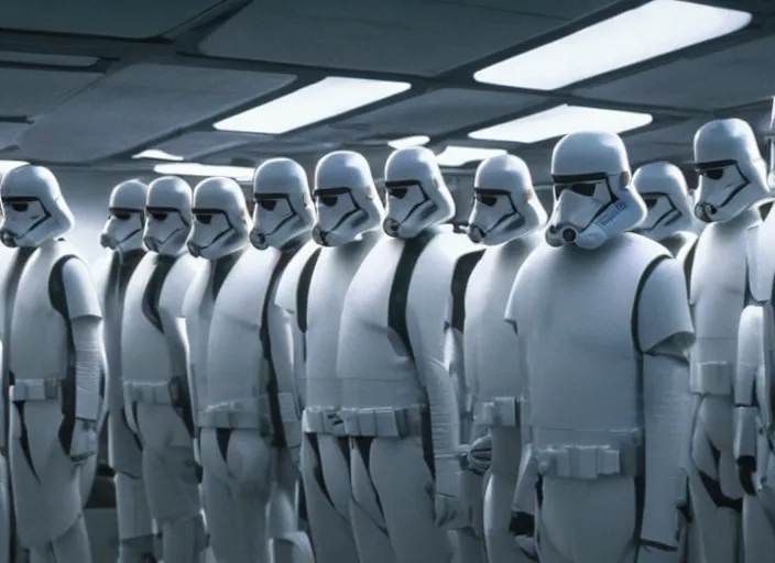 Prompt: screenshot of emporer palpatine's cloning lab room, pensive, iconic scene from 1 9 8 0 star wars film directed by stanley kubrick, last jedi, 4 k hd sharp, cinematic still frame, photoreal, detailed face, moody lighting, stunning cinematography, anamorphic lenses, kodak color film stock