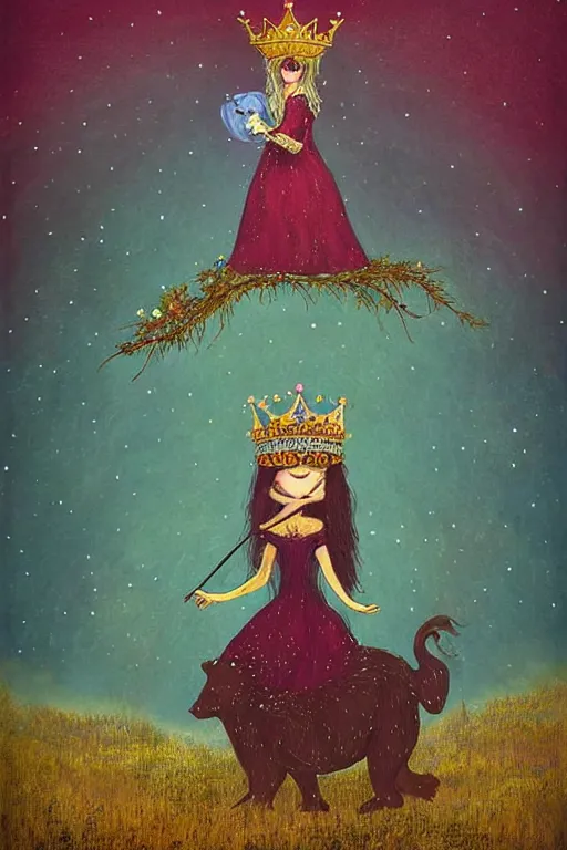 Image similar to surreal medieval princess with a crown riding a bear, nostalgia for a fairytale, magic realism, flowerpunk, mysterious, vivid colors, by andy kehoe, amanda clarke