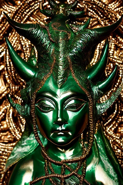 Prompt: metallic emerald carved statue of horned persian sacred demon goddess, sculpture with metallic polished intricated surfaxe, dressed with a colorful torn silk cloak, made by antonio corradini, and dug stanat macabre art, dark surrealism, epic and cinematic view, volummetric light, texturized, detailed, 8 k