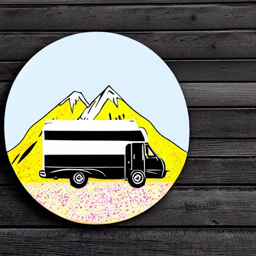 Prompt: white and black cute thor chateau motorhome camper, highway, mountains and sunset!!, everything enclosed in a circle, happy, professional colorful etching illustration, logo