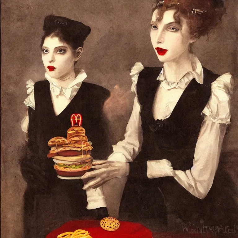 Prompt: portrait of a beautiful and grim vampire queen wearing a mcdonalds uniform serving customers by William-Adolphe Bouguerea