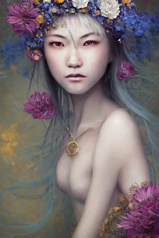 Prompt: a pale Ute Japanese girl with white hair, floral crown, sad blue eyes, cinematic lighting, ultra detailed, highly detailed, sharp focus, golden background with flowers, golden jewellery with blue sapphires, photographic, art by artgerm and greg rutkowski and zdislav beksinski