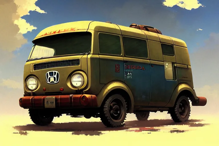 Prompt: dieselpunk honda e kei van, painted by greg rutkowski makoto shinkai takashi takeuchi studio ghibli, akihiko yoshida