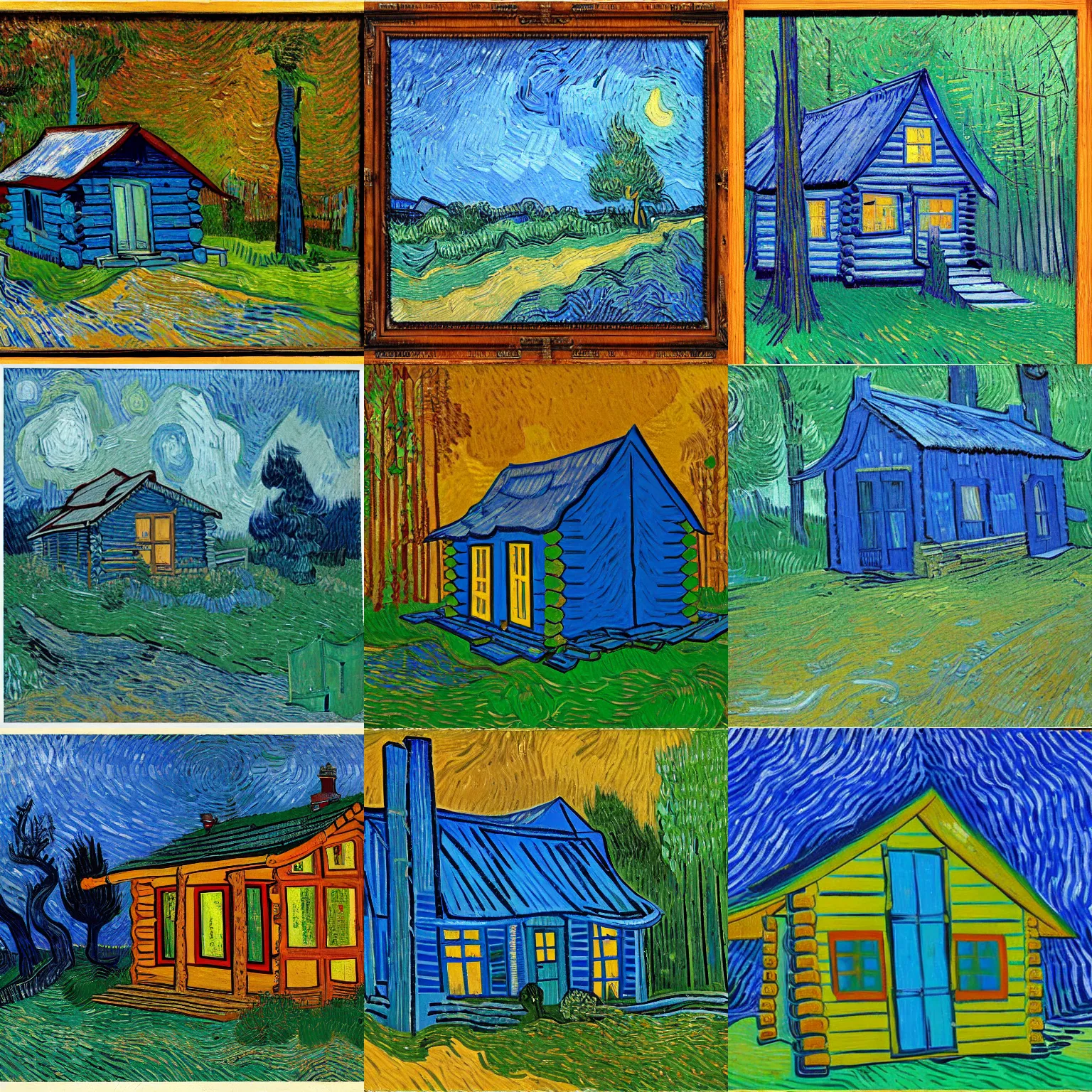 Prompt: [ a log cabin in the forest ] [ van gogh ] [ blue ]