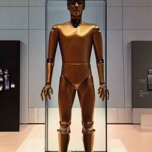 Image similar to “ a realistic detailed photo of a guy who is an attractive humanoid who is half robot and half humanoid, who is a male android, soccer player antoine griezmann, shiny skin, posing like a statue, blank stare, at the museum, on display ”