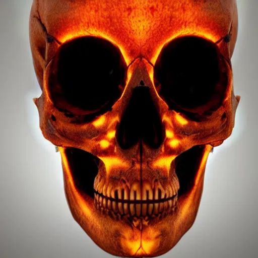 Image similar to real human skull with circular orange electronic led eyes in eye holes