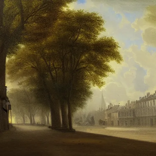 Image similar to 1750 Paris streets getting stormed, in the style of the Hudson River School