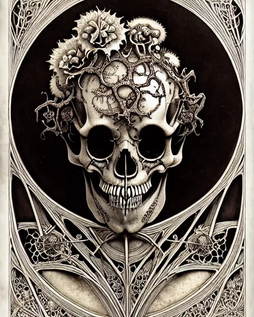 Image similar to art forms of nature by ernst haeckel, memento mori by arthur rackham, ornate antique porcelain beautiful skull mask, ultrasharp, photorealistic, hyperdetailed, octane render, polished, art nouveau, neo - gothic, gothic, intricate ornamental organic filigree, art nouveau botanicals, art forms of nature by ernst haeckel, horizontal symmetry, symbolist, visionary