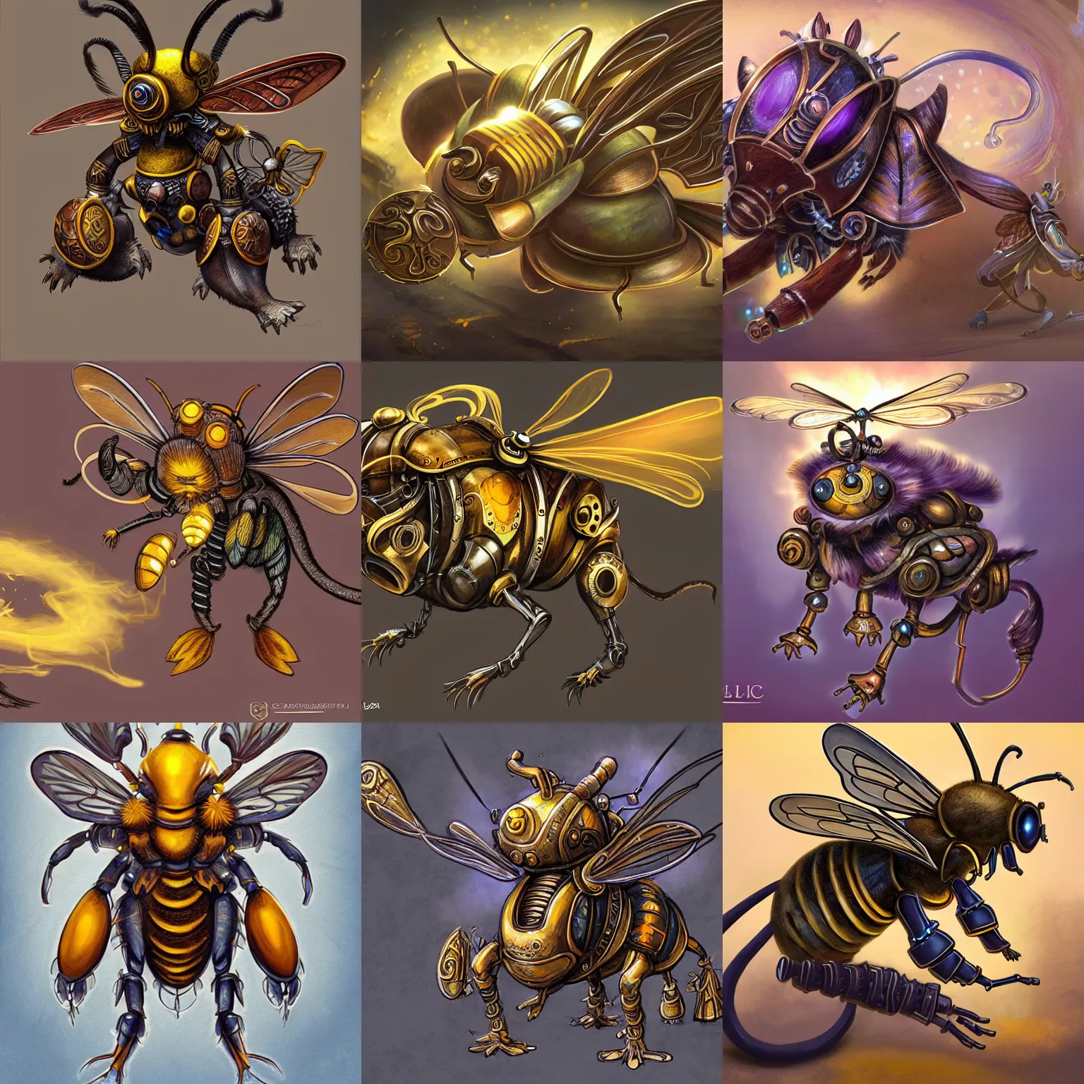 Prompt: Kaladesh concept art. Mechanical, aether-powered bee/rat.