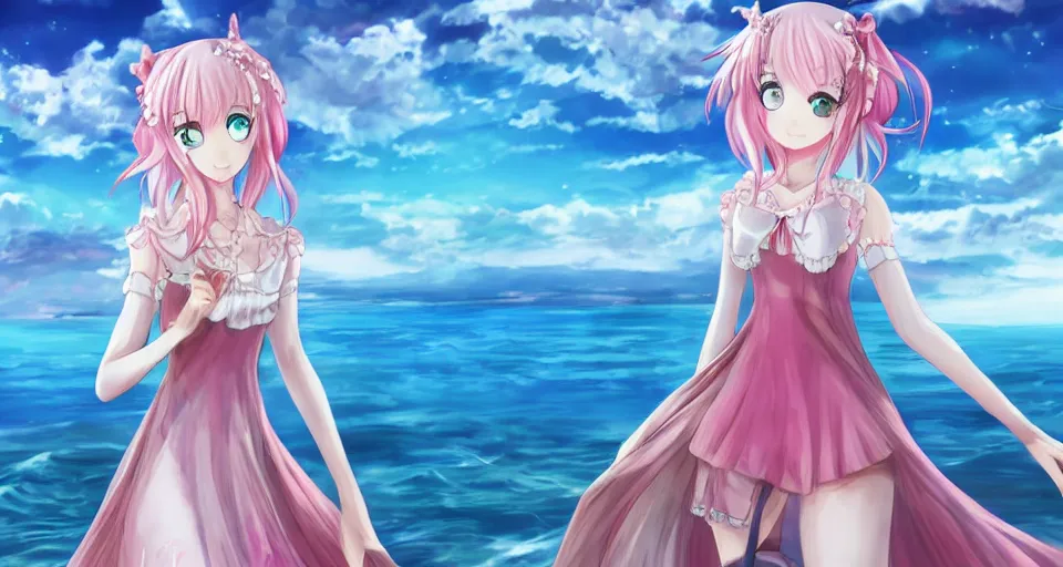 Image similar to one anime girl standing on a pier, blue shiny eyes, looking at the camera, cute, the ocean as background at twilight, big moon above the water, colorful, magical, smooth, extremely detailed, detailed face, devianArt, based on Puella Magi Madoka Magica