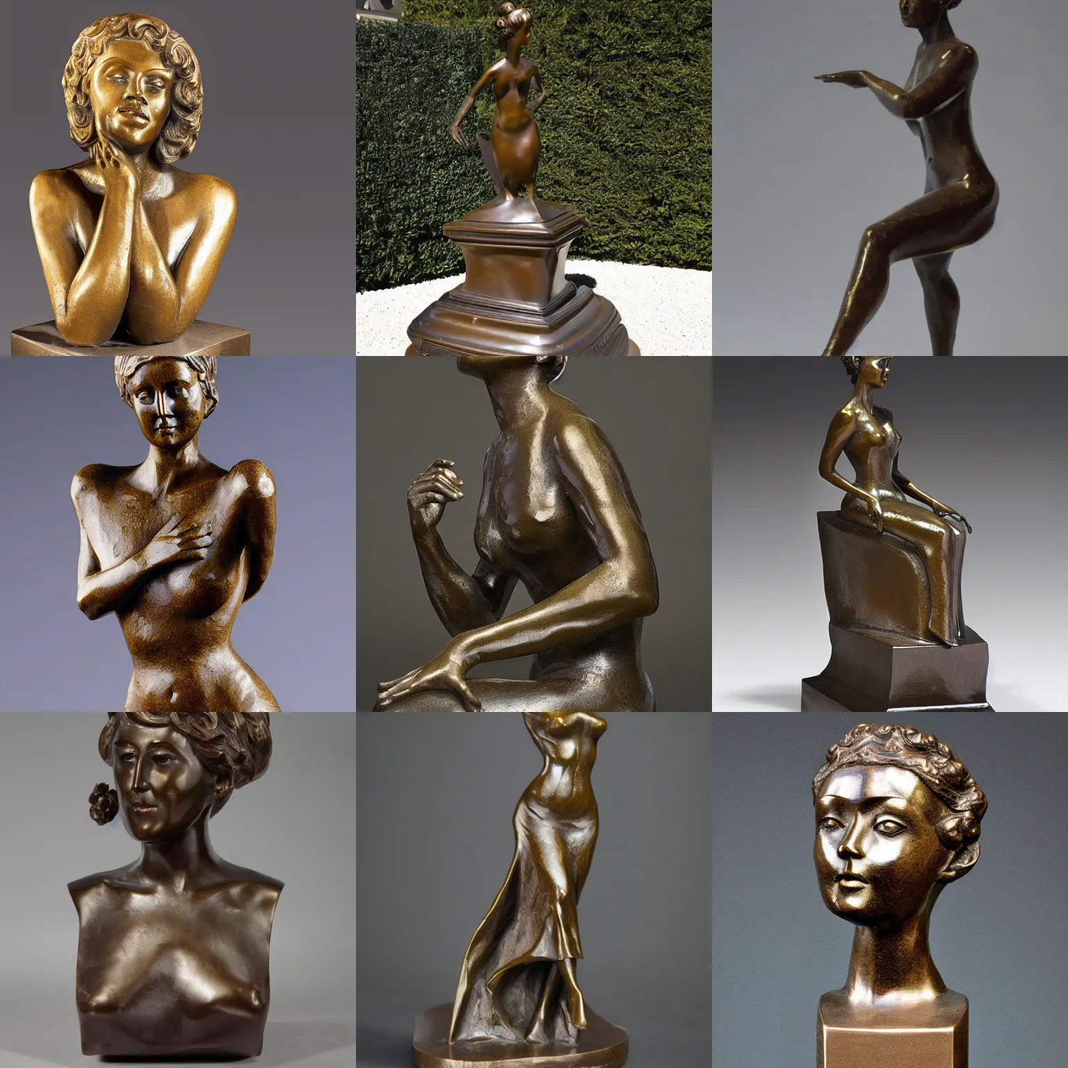 Prompt: a bronze sculpture of an elegant lady