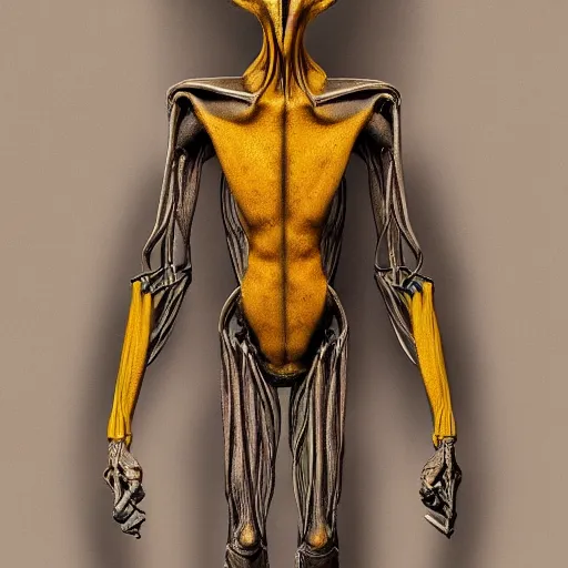 Prompt: a humanoid alien with leathery gray skin, a wiry build, lanky arms, claws, four-fingered hands, two sleek horns, a long snout, yellow eyes, and fangs