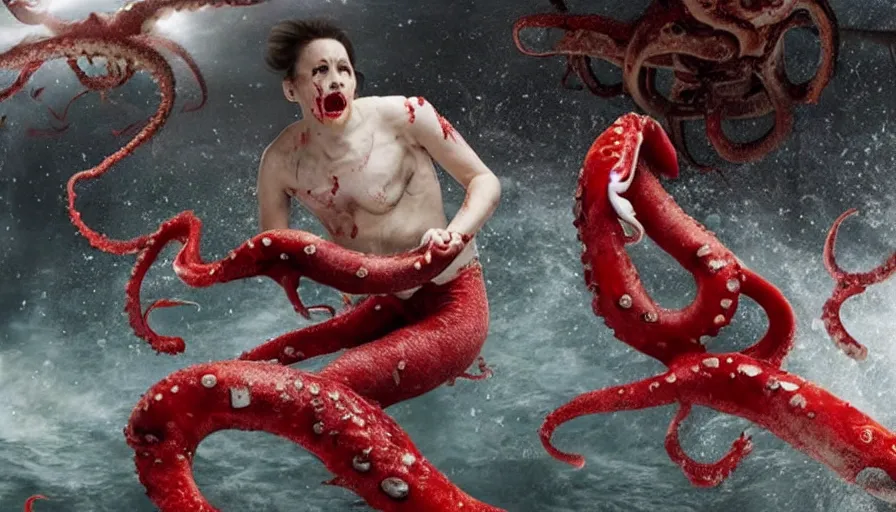 Image similar to Big budget horror movie, an android fights a giant squid, blood is splattering everywhere