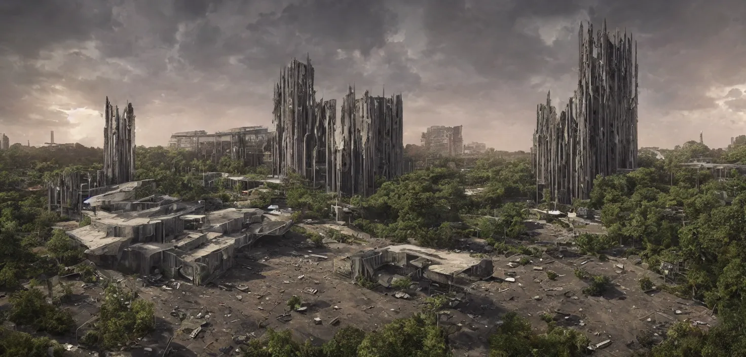 Image similar to an extremely detailed cathedral of brutalist architecture, surrounded by lush green vegetation, stunning volumetric lighting, sunset, rusted metal, concrete, translucent material, stunning skies, scattered rubbish and debris, 8k, photorealistic, hyper detailed, unreal engine 5, IMAX quality, cinematic, epic lighting, digital painting in the style of DOOM and Quake, by Greg Rutkowski, trending on Artstation