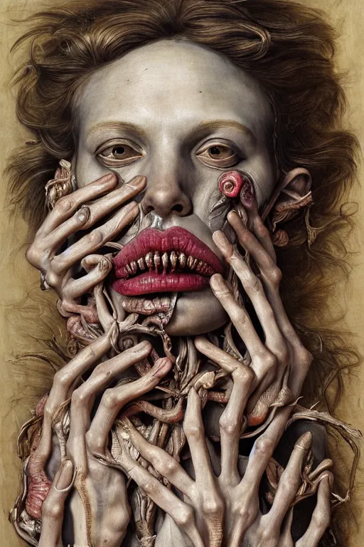 Prompt: Detailed maximalist portrait of a greek god with large lips and eyes, scared expression, botanical anatomy, skeletal with extra flesh limbs, HD mixed media, 3D collage, highly detailed and intricate, surreal illustration in the style of Jenny Saville, dark art, baroque, centred in image