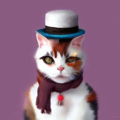 Image similar to a cute calico cat in a hat, artstation, cgsociety