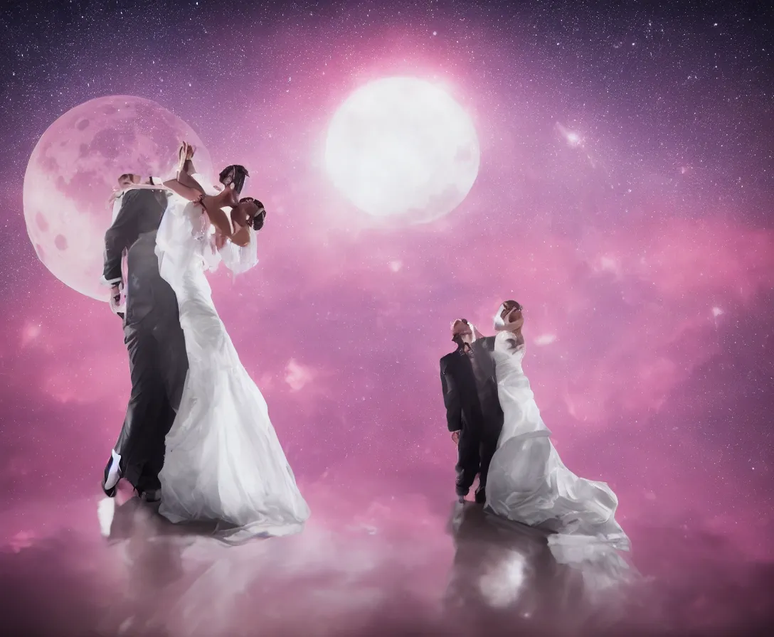 Image similar to bride and groom have their gorgeous wedding dance on a picturesque pink moon with stars on a pink background behind it, incredibly detailed, anatomical, beautiful, ray traced, 8 k, uhd, soft natural lighting, volumetric lighting