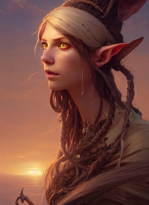 Image similar to highly detailed portrait of a elf woman pirate with long hair, stephen bliss, unreal engine, fantasy art by greg rutkowski, loish, rhads, ferdinand knab, makoto shinkai and lois van baarle, ilya kuvshinov, rossdraws, tom bagshaw, alphonse mucha, global illumination, radiant light, detailed and intricate environment