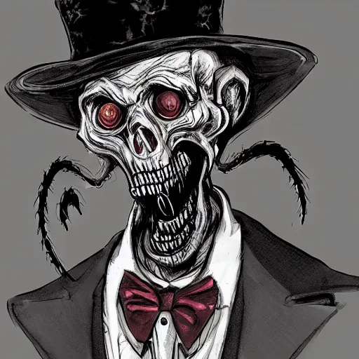 Image similar to undead, ghoul, zombie, top hat, tuxedo, concept art, character, digital painting, highly detailed, artstation, style kim jung gi, style junji ito